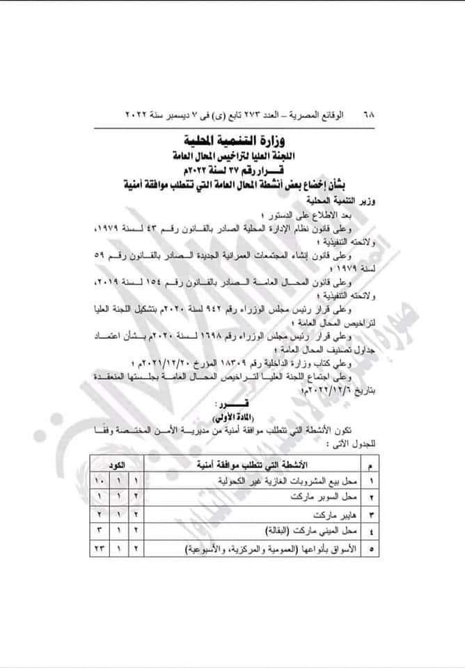 أنشطة المحال العامة التي تتطلب موافقة أمنية